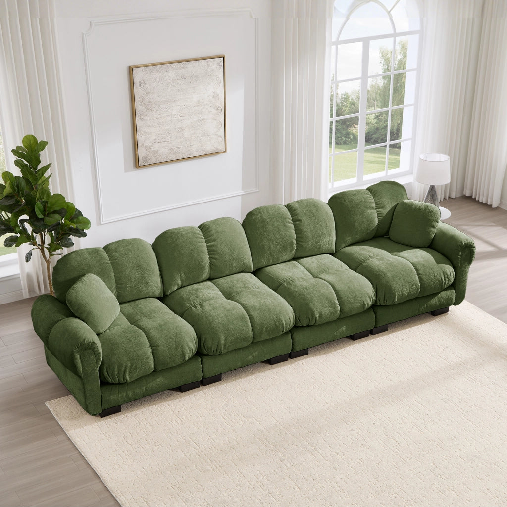 Divano modulare con seduta trapuntata e cuscino in chenille verde 330 × 86 × 90 cm