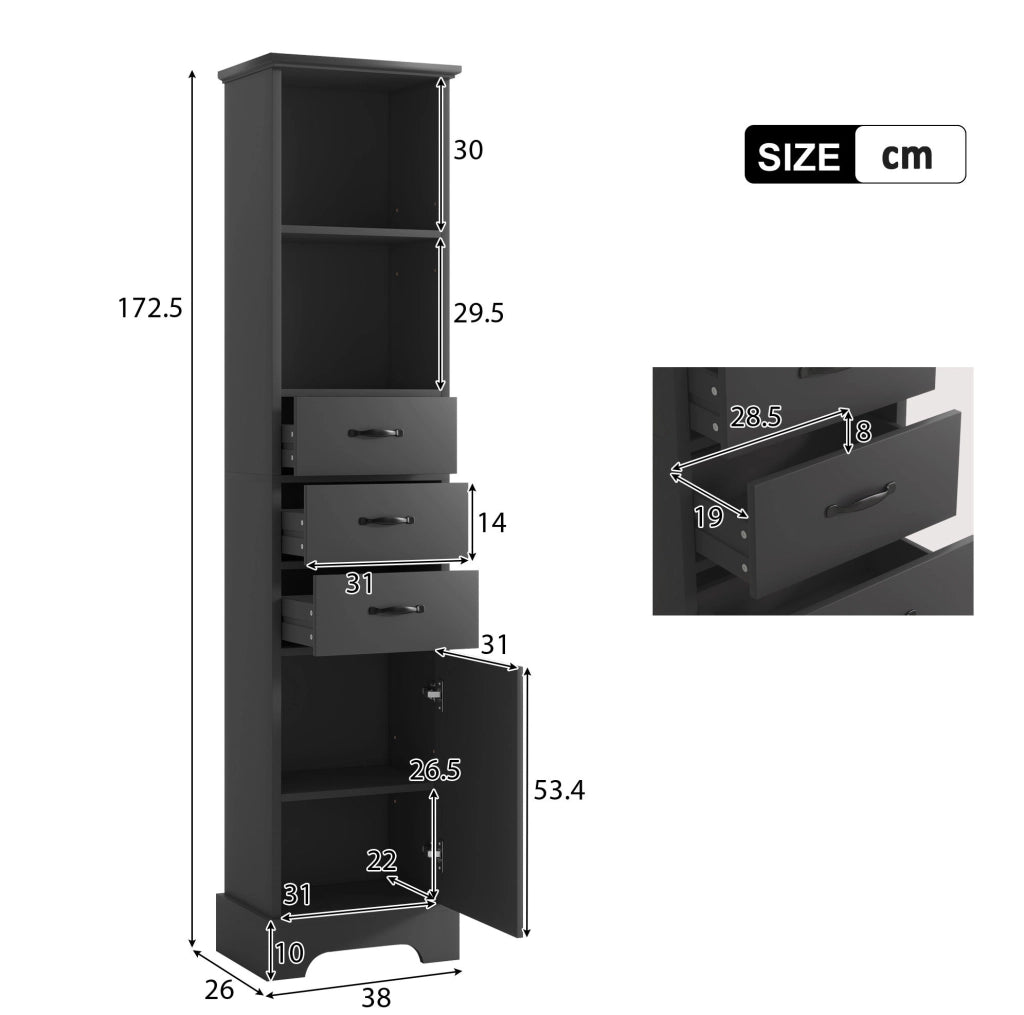 Mobile bagno 38x26x172.5 cm con cassetti e ripiani regolabili in MDF nero
