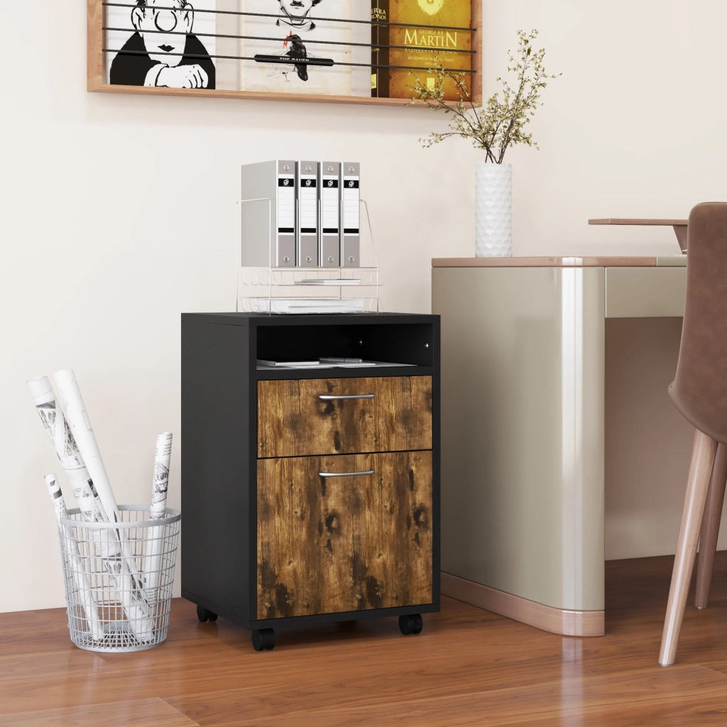 Cassettiera Portadocumenti da Ufficio Ripiano e 2 Cassetti 40x35x60 cm Marrone e Nero