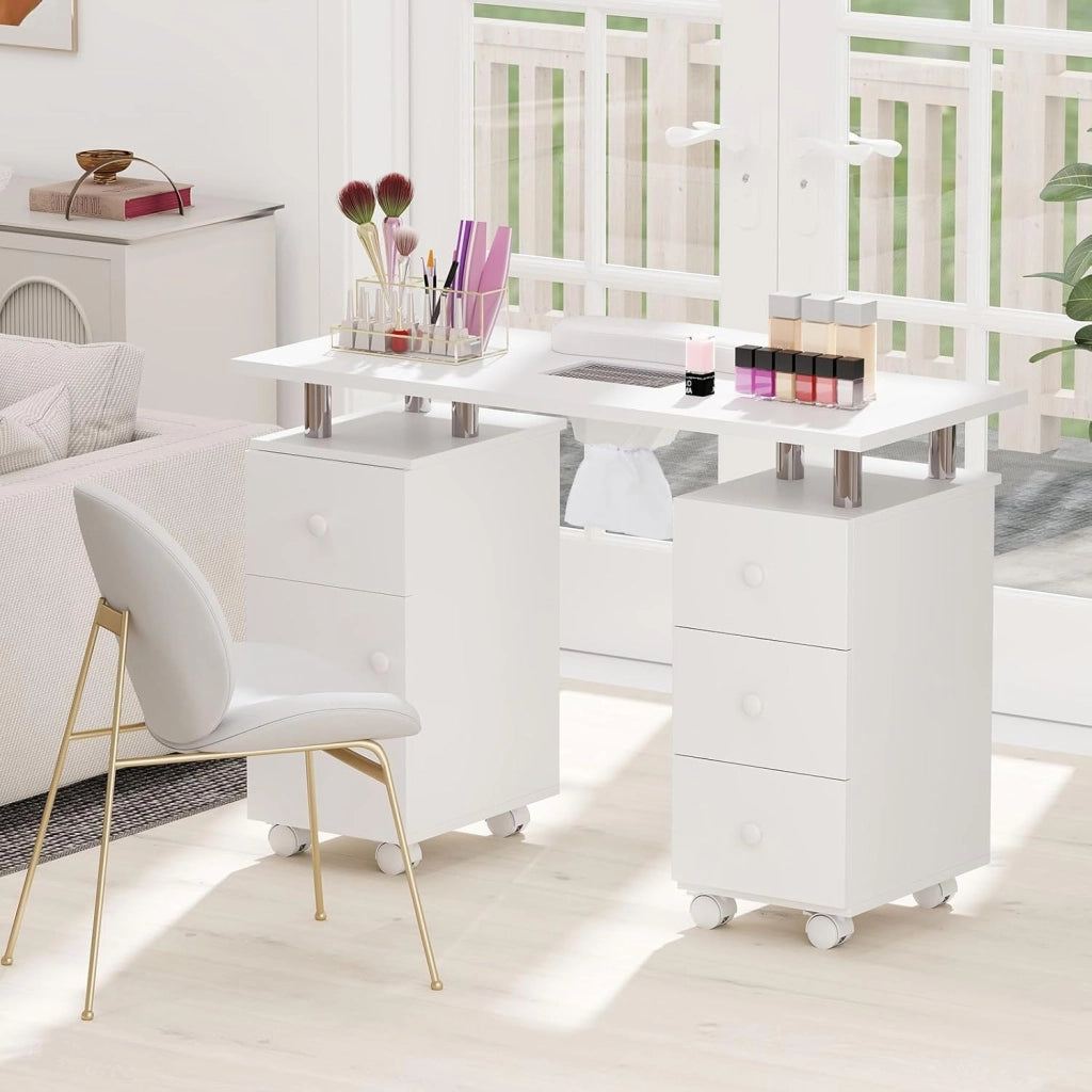COSTWAY Tavolo Manicure con Aspirapolvere, Tavolo Unghie con Cassetti, Spina, 3 Sacchetti, Armadietto, Cuscino Poggia Polso e 8 Ruote blocabili, Banco Ricostruzione Unghie in Legno (Bianco)