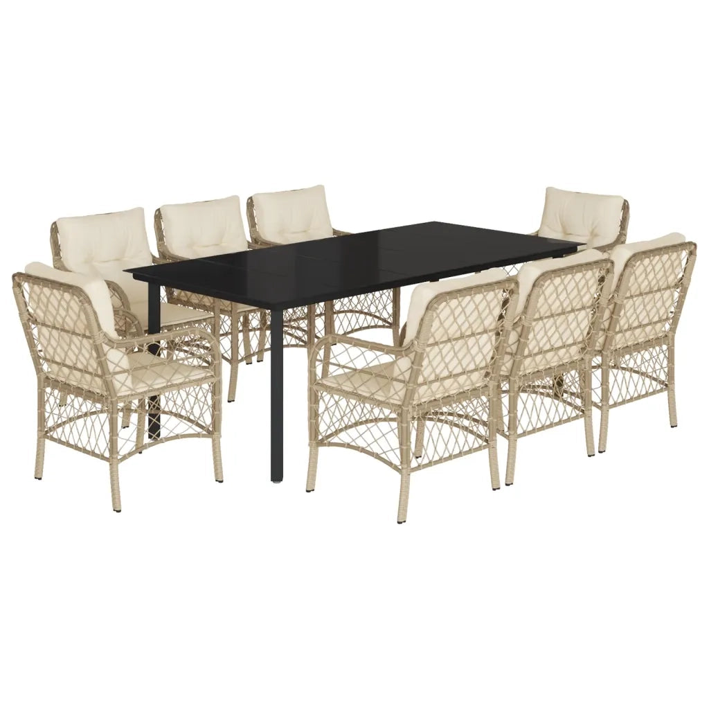 Set da Pranzo da Giardino 9 pz con Cuscini Beige in Polyrattan