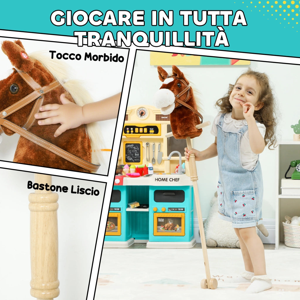 Cavallo con Bastone e Suoni ¨C Xylo ¨C Poliestere e Legno 95x25x27 cm Marrone