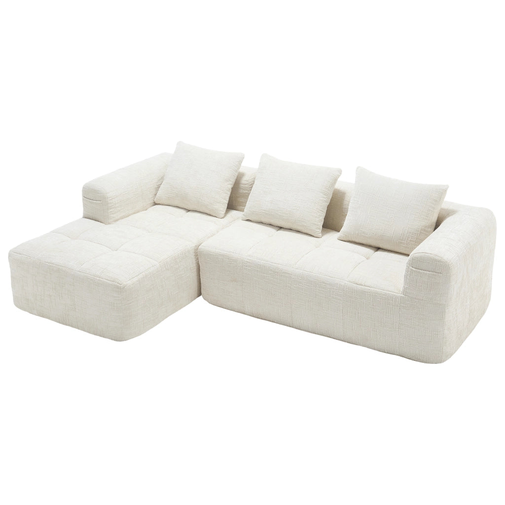 Divano Angolare 3 Posti con Chaise Longue ¨C MINIMAL ¨C Chenille Beige, Cuscini, Braccioli