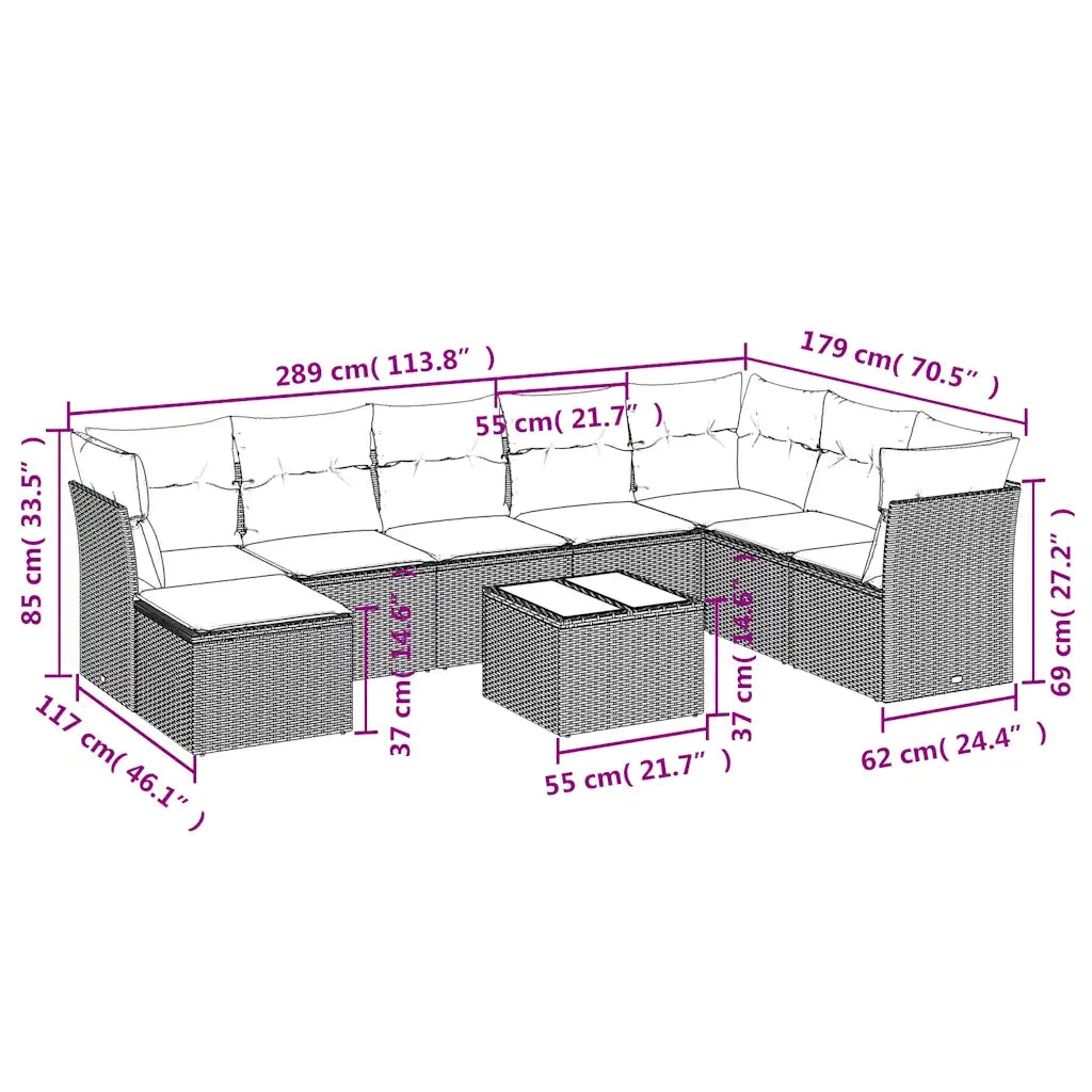 Set Divani da Giardino 9pz con Cuscini Marrone in Polyrattan 3249902