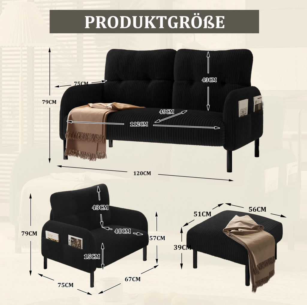 Set divano; poltrona e pouf in tessuto cord nero; 2 posti 120 x 75 x 79 cm