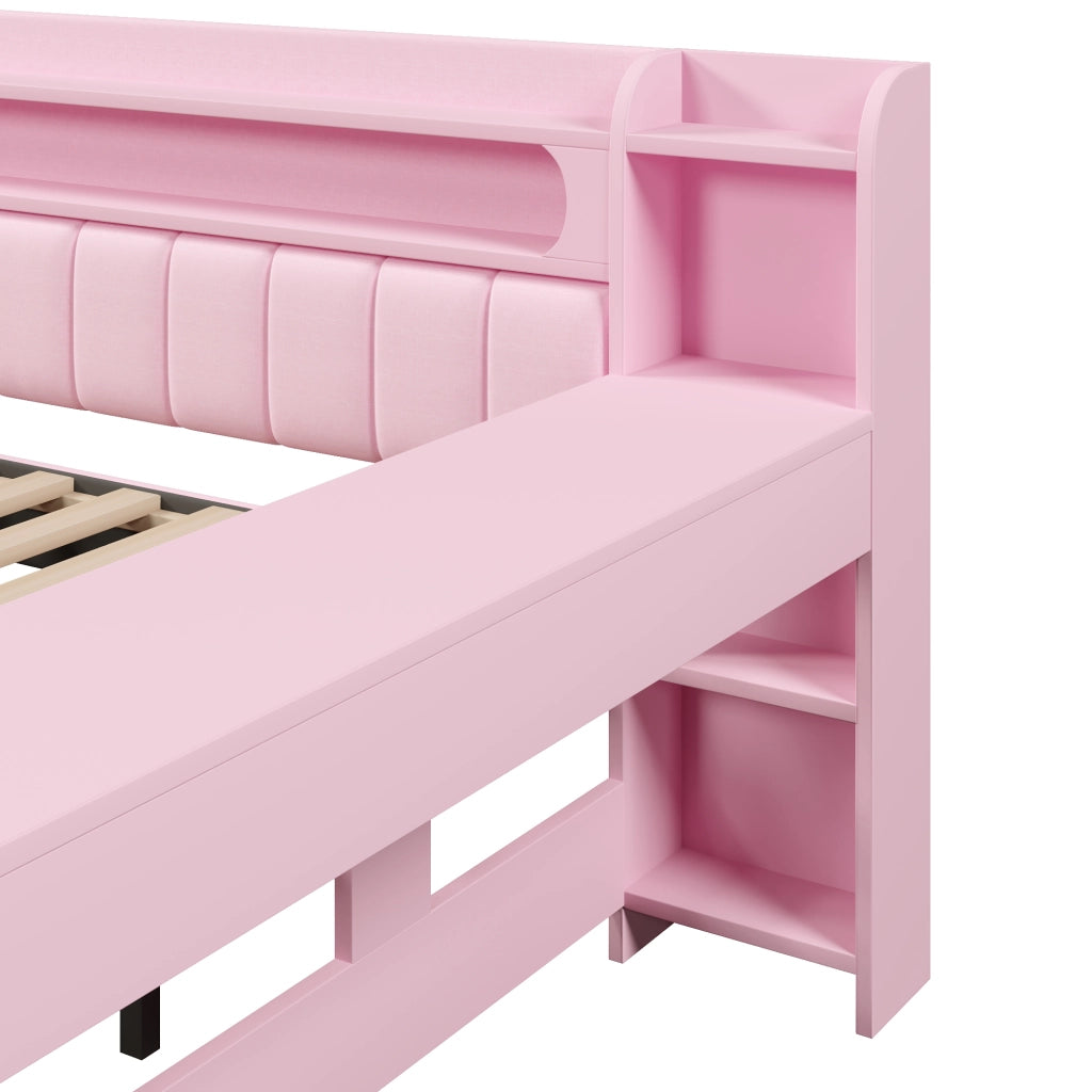 Letto a Divanetto 140x200 cm - USB; LED; con Letto Estraibile e Scrivania - Rosa