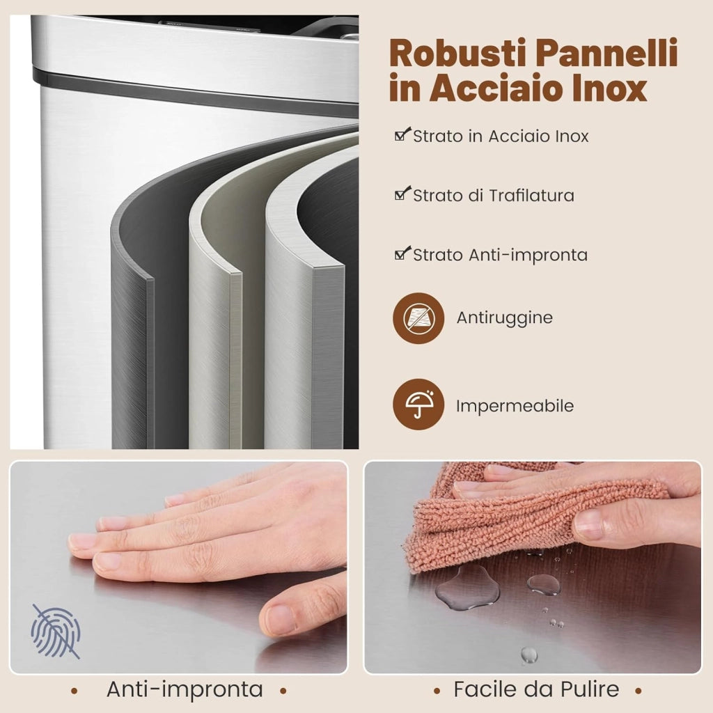 72L Pattumiera Differenziata, Bidone della Spazzatura in Acciaio Inox con 3 Scomparti e Sensore di Movimento, Coperchio a Chiusura Morbida, Ideale per Casa Ufficio (Argento)