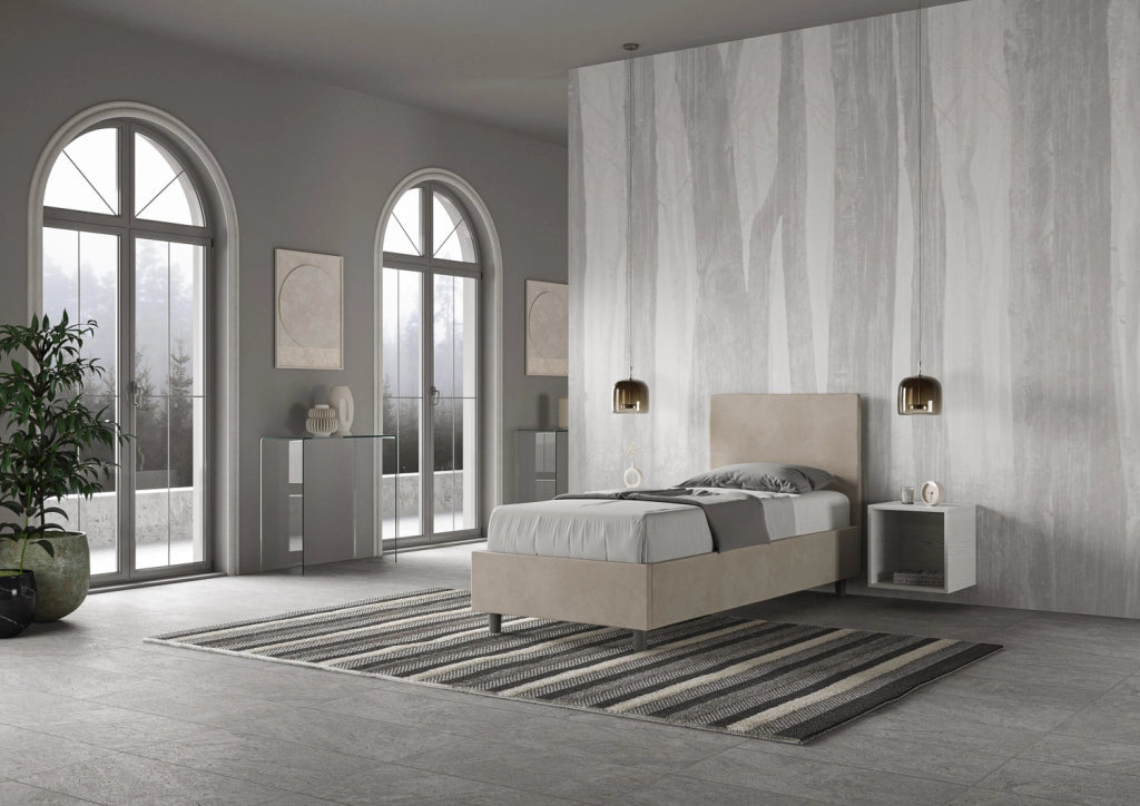 BS COM Letto singolo contenitore imbottito 90x190 microfibra sabbia