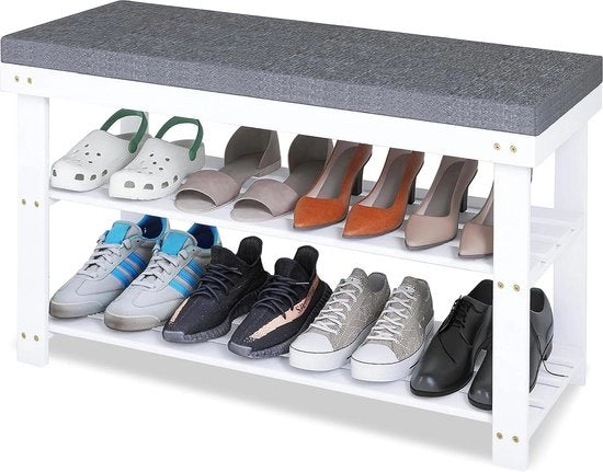 Organizzatore per Scarpe in Bambù con 3 Livelli e Supporto Cuscino - Bianco Grigio - 87 x 30 x 49 cm