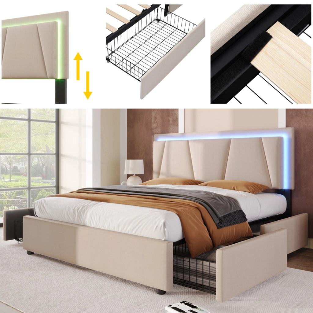 LETTO 140x200 cm Beige con testiera regolabile, LED e 4 cassetti