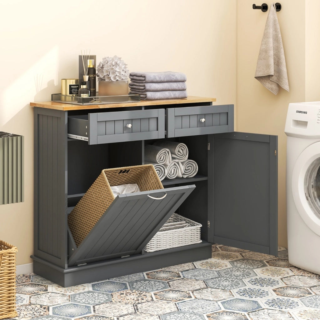 Mobile per pattumiera ribaltabile da cucina, Mobile con vano per pattumiera piano in legno di gomma 2 cassetti Grigio