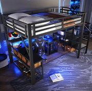 Letto a soppalco 140x200 cm in metallo e MDF; con scrivania; LED e USB; nero