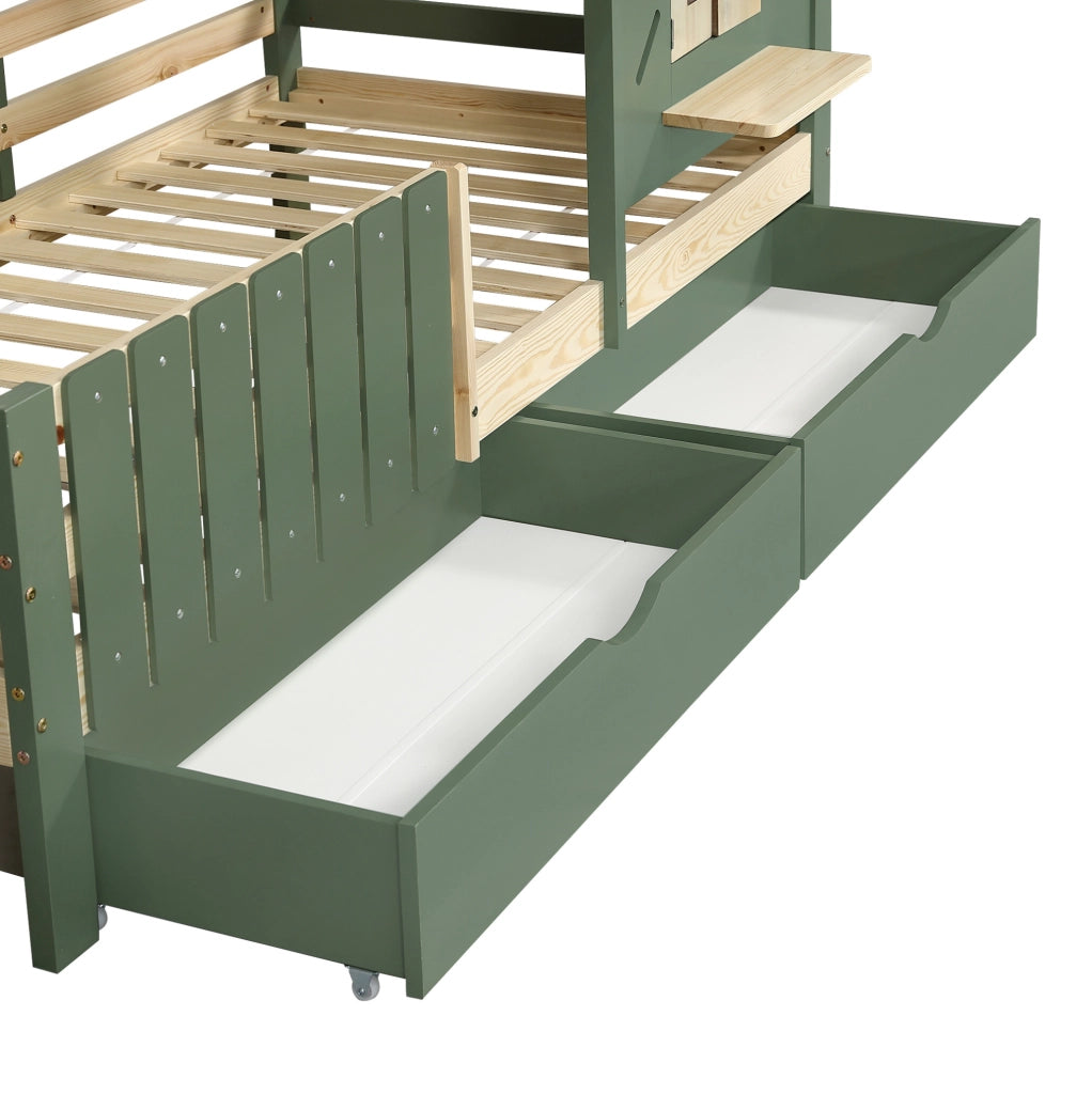 Letto per bambini a casetta con 2 cassetti e recinto 90x200 cm verde e naturale