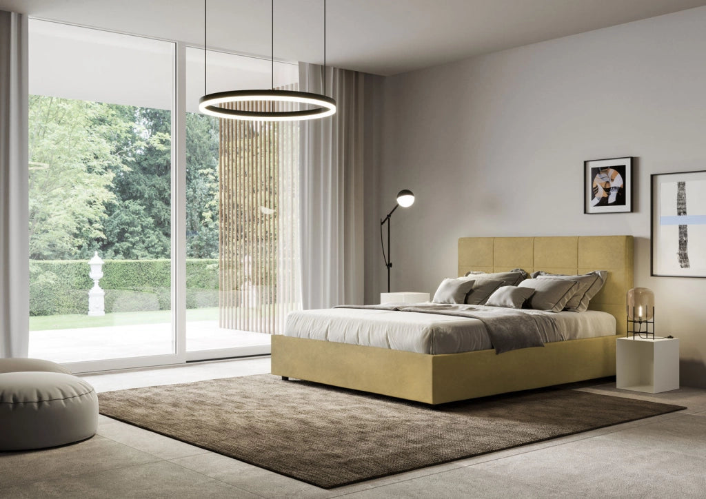 Letto queen size con rete imbottito 150x190 microfibra blu Mika