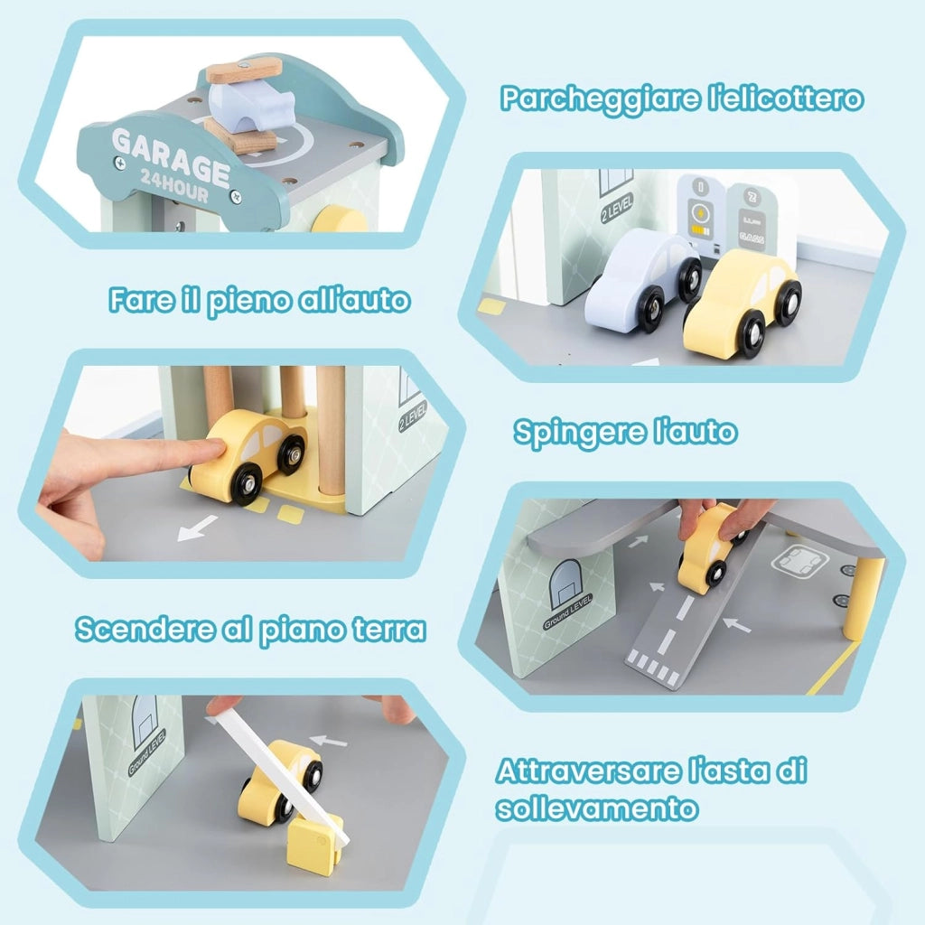 Set di Gioco Garage per Parcheggio, Garage di Giocattolo in Legno a 3 Strati con 4 Auto, Stazione di Servizio, Ascensore, Barra di Sollevamento, per Bambini di 3+ Anni