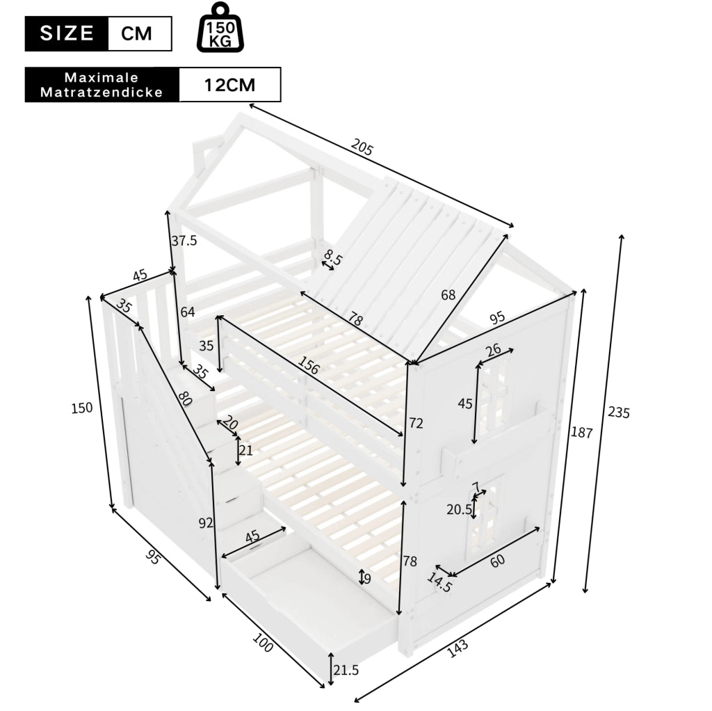 Letto a castello per bambini 90x200 cm con scala contenitore; cassetti e ripiani; bianco