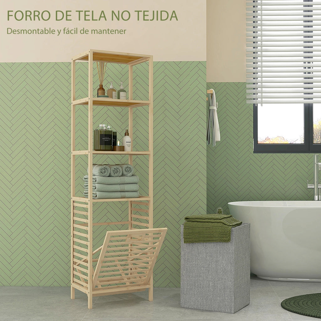 Mobile da Bagno con Ripiani e Cesto per Biancheria ¨C Minimal ¨C 44x33x160 cm Natural