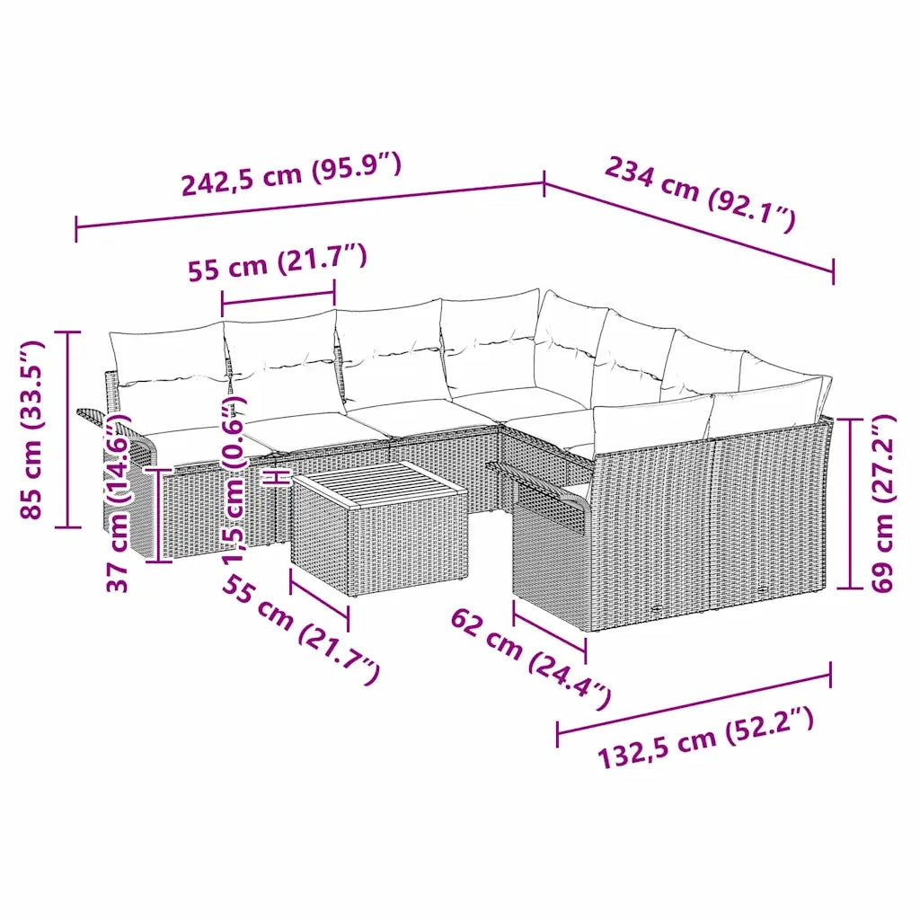 Set Divano da Giardino con cuscino 9 pcs Grigio polyrattan 3347307