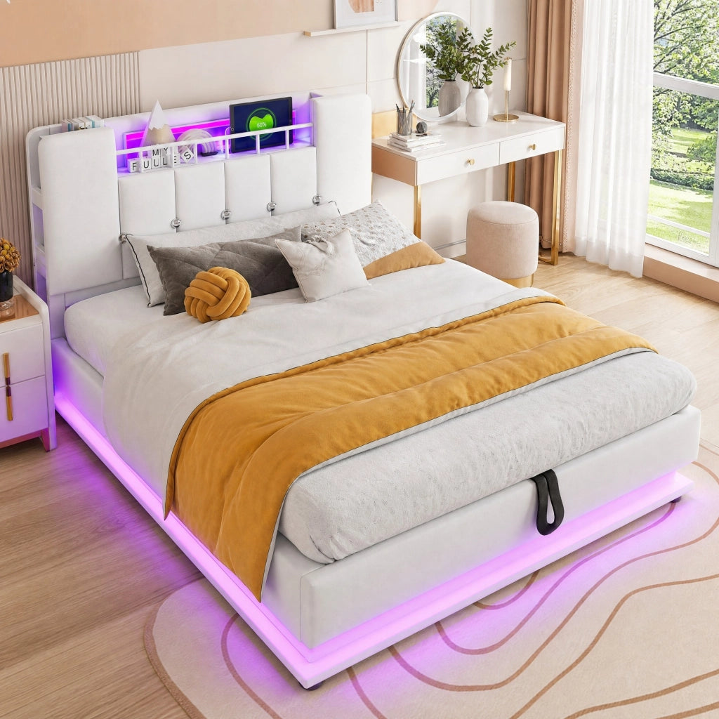 LETTO Polsterbett per bambini 90x200 cm Beige con LED, USB e contenitore