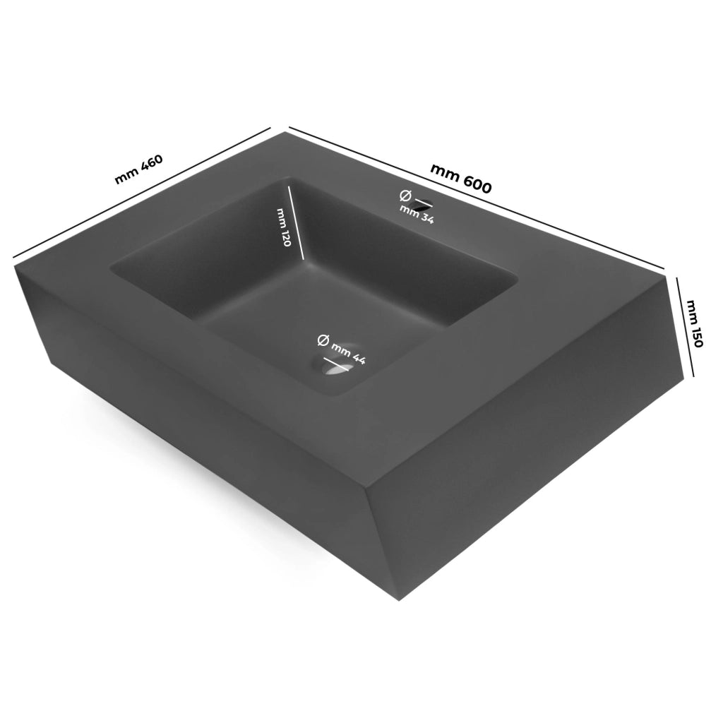 Top lavabo sospeso in materiale marmo resina finitura liscia due colorazioni *** misure 60x46x15 cm, tinta antracite,...