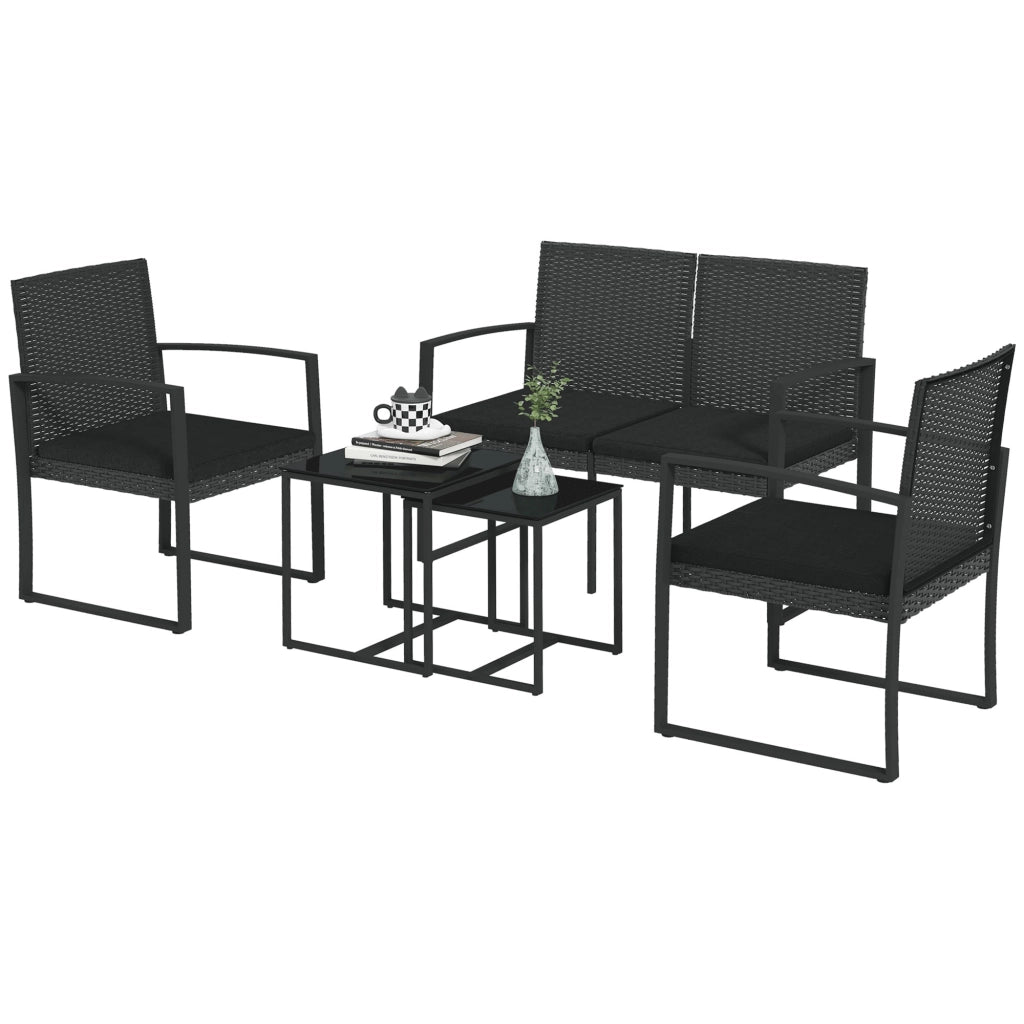 Set da giardino in polyrattan ¨C Minimal ¨C nero con 2 divani singoli, 1 divano doppio e 2 tavolini