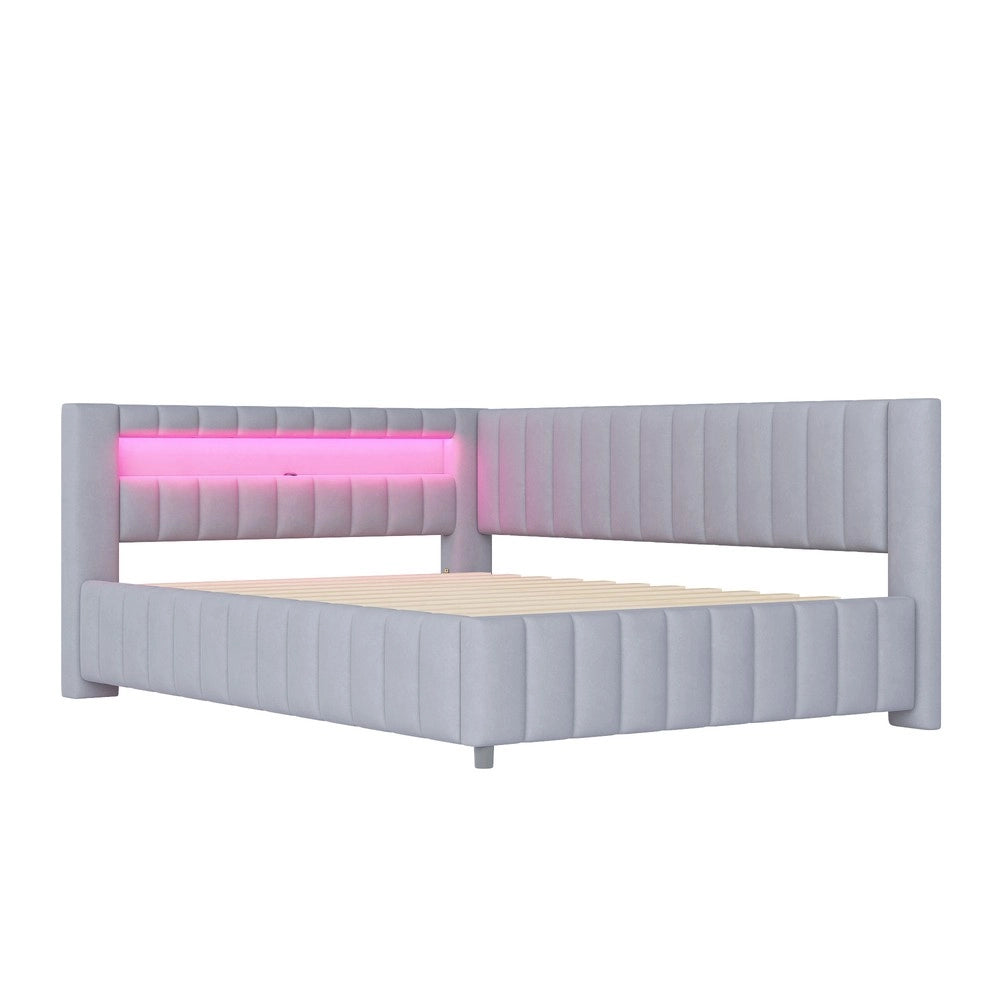 Letto Imbottito 140x200 con LED e USB ¨C Xylo ¨C Velluto Grigio, Testiera, Struttura