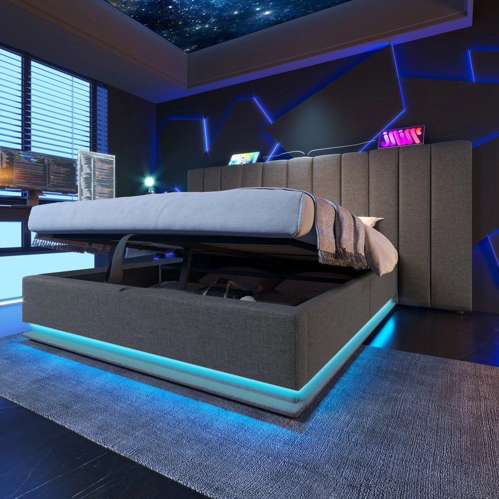 Letto Imbottito Contenitore Matrimoniale con LED e USB ¨C MINIMAL ¨C Tessuto Grigio 180x200