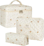 Set di 3 Borse da trucco - Borse da bagno con maniglia - Borsa di cosmetici portatile con disegno di fiori