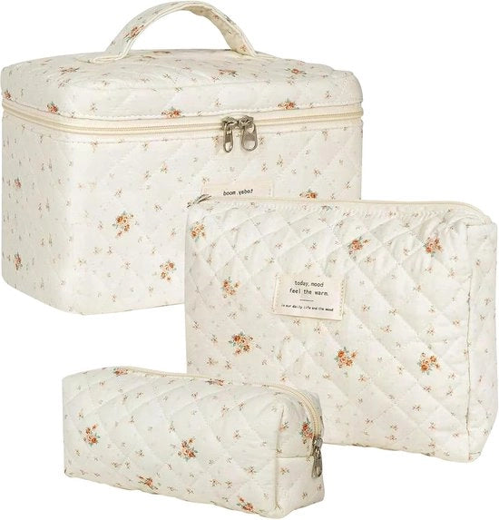 Set di 3 Borse da trucco - Borse da bagno con maniglia - Borsa di cosmetici portatile con disegno di fiori