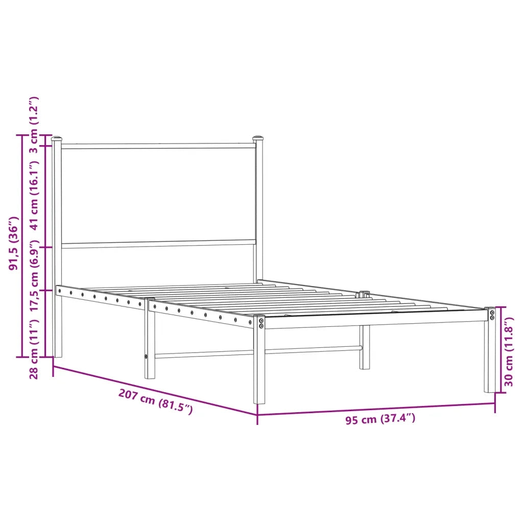 Letto singolo | Letto per adulti | Giroletto senza Materasso in Metallo Rovere Marrone 90x200 cm
