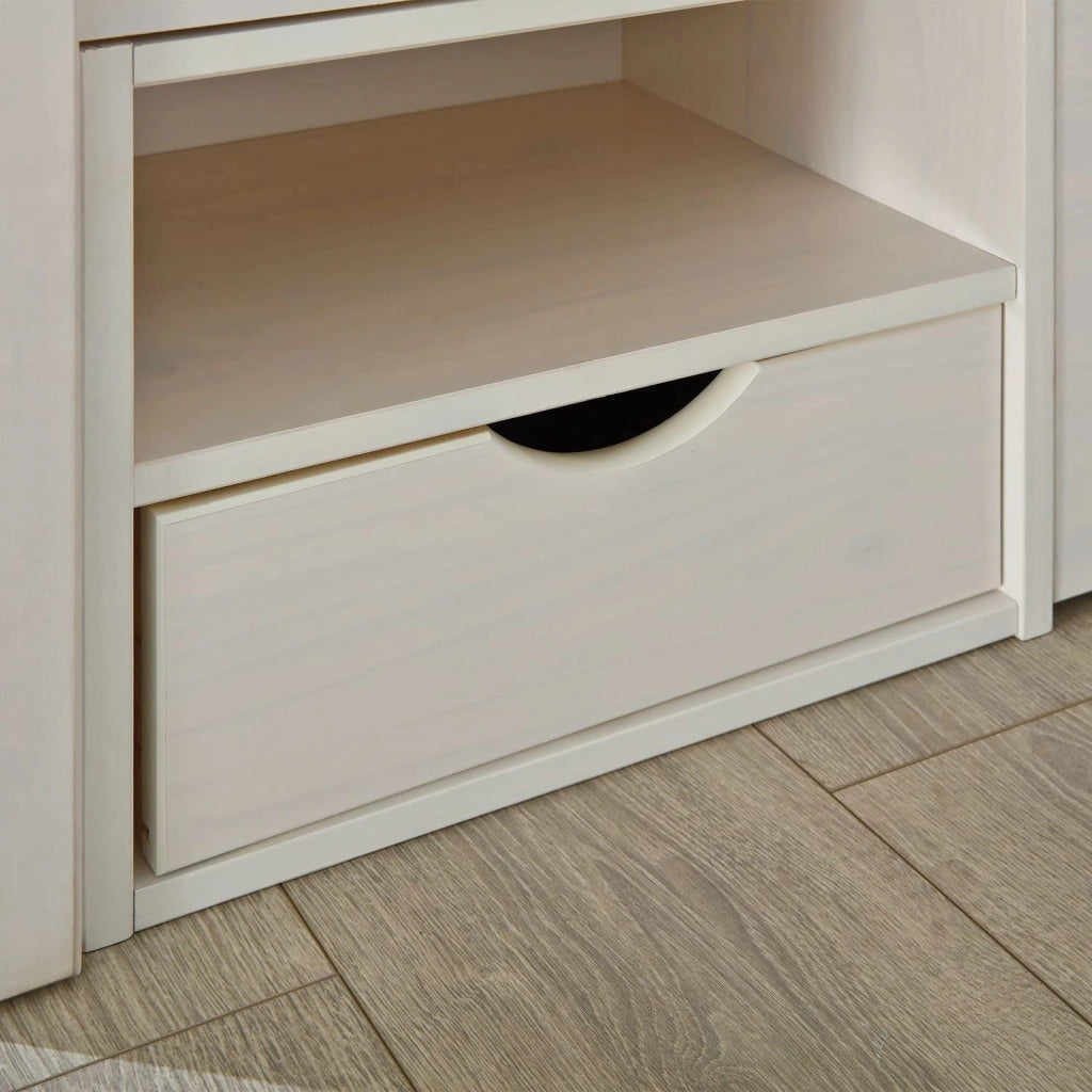 LETTO TILL + VANI CONTENITORE + COMODINO CON RUOTE 166x209x47,5H PINO MASSELLO BIANCO DOGHE INCLUSE
