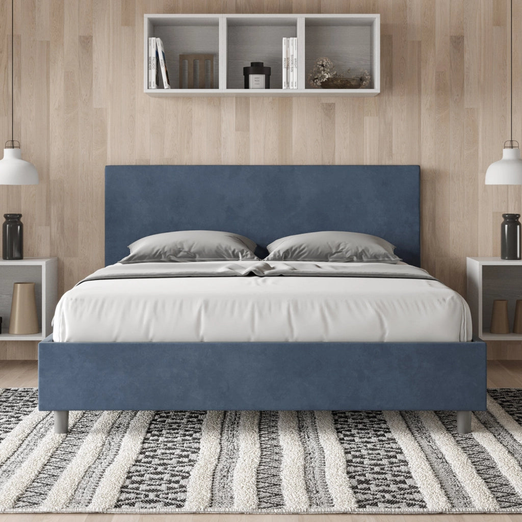 BS COM Letto queen size con rete imbottito 150x190 microfibra blu