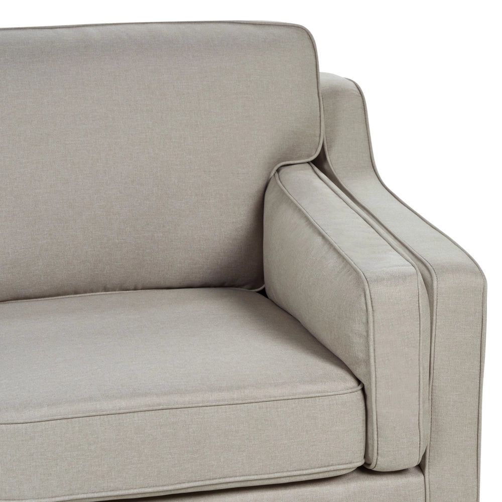 Divano moderno a 3 posti imbottito in tessuto beige e gambe in legno stile classico e moderno
