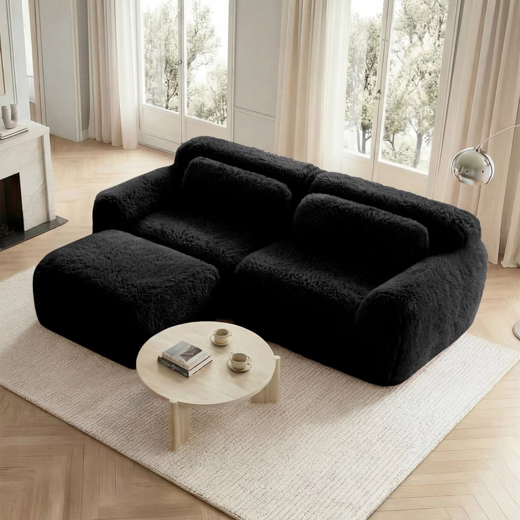 Divano Angolare 2 Posti ¨C MINIMAL ¨C Velluto Nero, Modulare con Cuscini