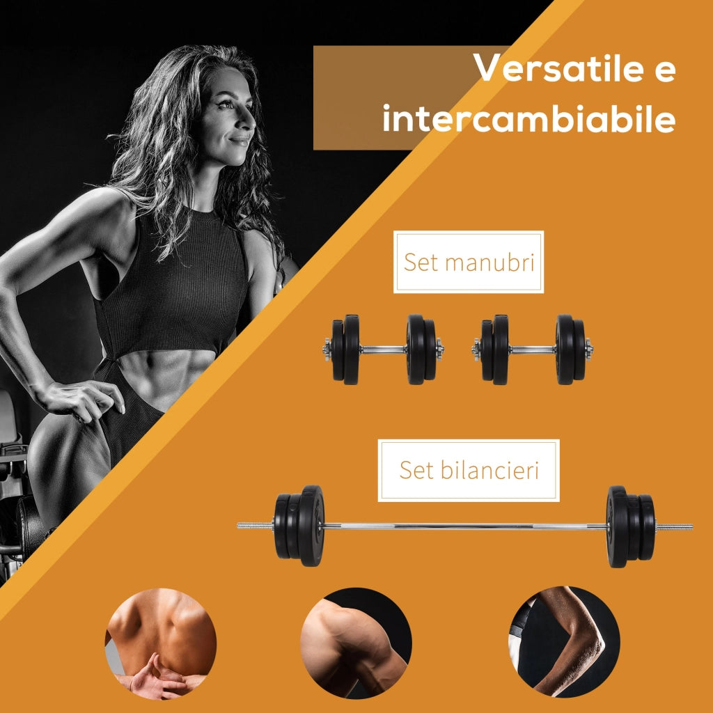 Set Bilanciere 2 Manubri Pesi 14 Dischi