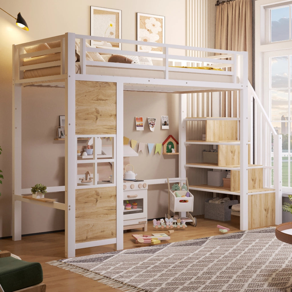 LETTO a soppalco 90x200 cm in metallo e MDF bianco con scala contenitore