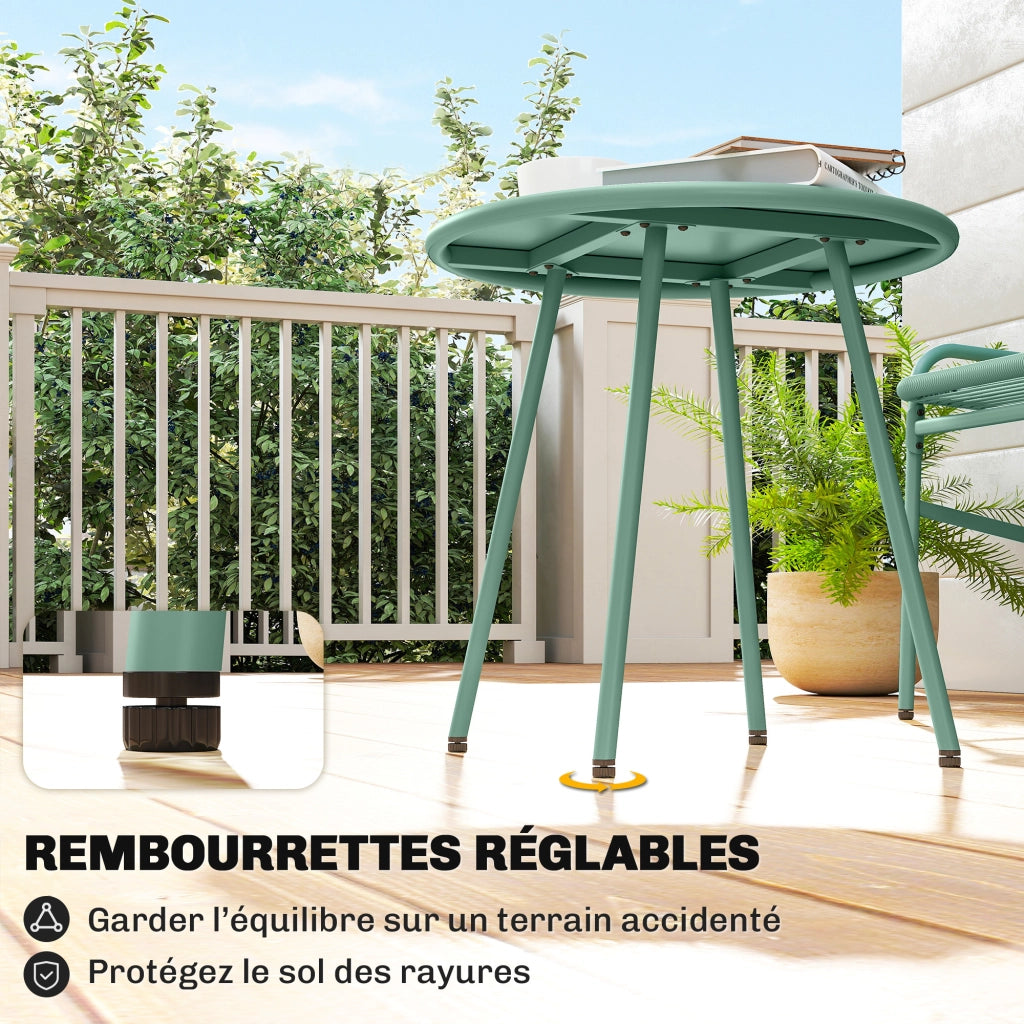 Set Giardino 3 Pezzi in Resina Intrecciata e Acciaio ¨C zephmum ¨C Verde, Tavolo Rotondo con 2 Sedie, 58x67x75cm