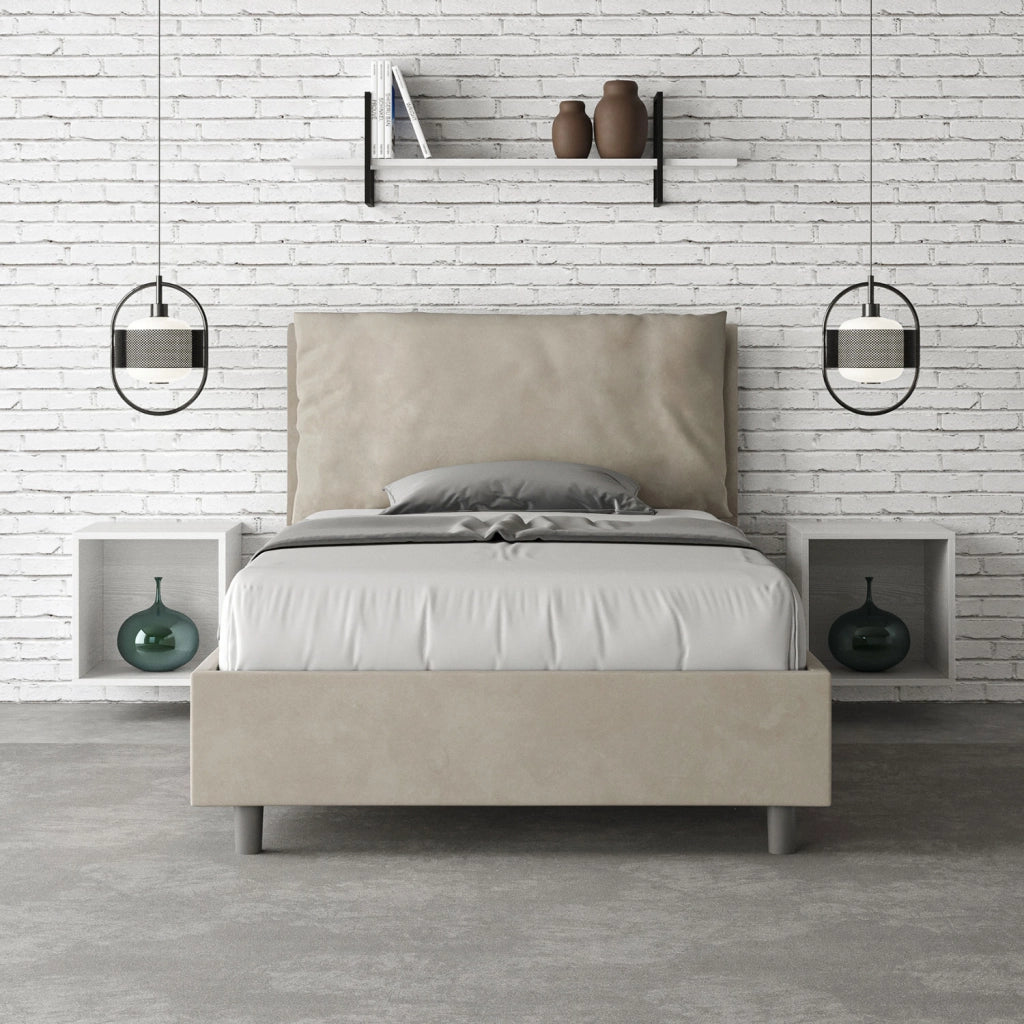 BS COM Letto una piazza e mezza con rete imbottito 110x190 microfibra sabbia