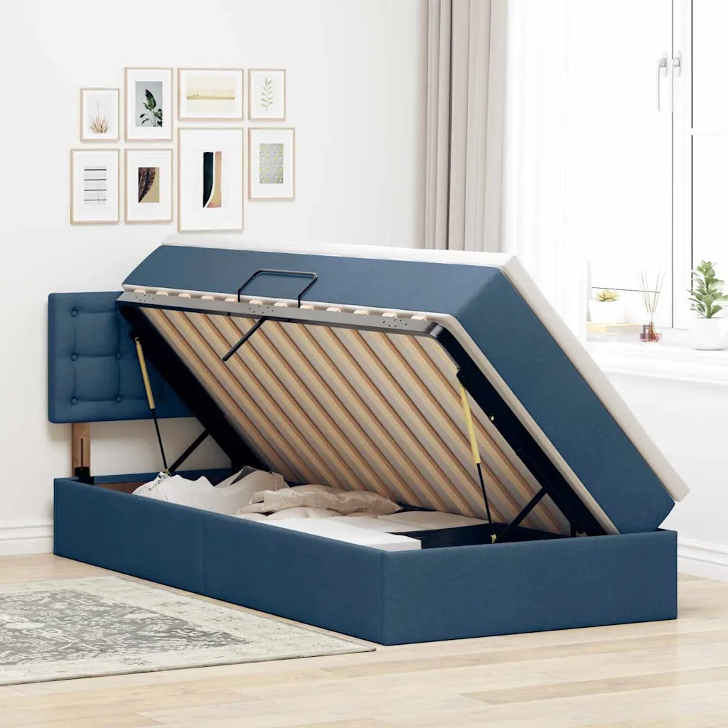 Letto con contenitore e materasso con testiera Blu 100 x 200 cm