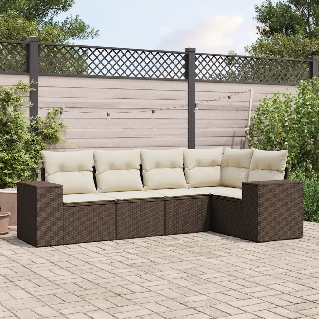 Set Divano da Giardino 5 pz | Set Salotto da Giardino con Cuscini Marrone in Polyrattan