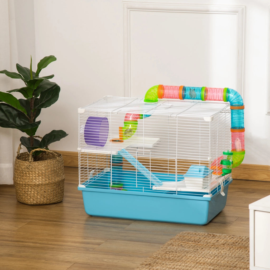 Casetta per Criceti a 3 Livelli con Tubi e Ruota ¨C Minimal ¨C 59x36x47 cm