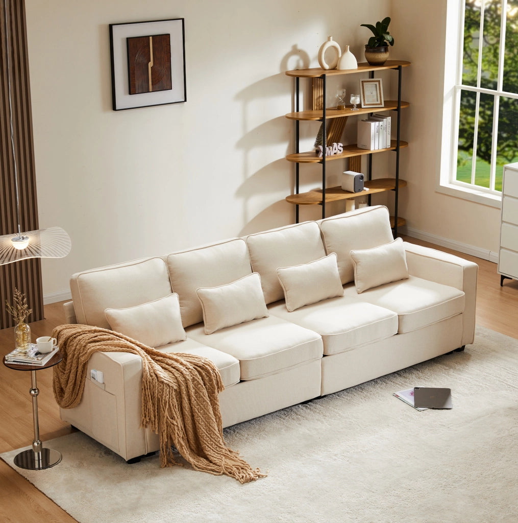 Divano a 4 posti in tessuto effetto lino beige; 264 cm; con tasche laterali e 4 cuscini