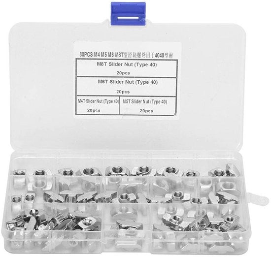 Elementi di collegamento a scorrimento 80 pezzi - M4/M5/M6/M8 - Elementi di collegamento a scorrimento - Elementi di collegamento - Adatti per profili di alluminio 4040 - Incluso contenitore di conservazione - Elementi di collegamento a scorrimento