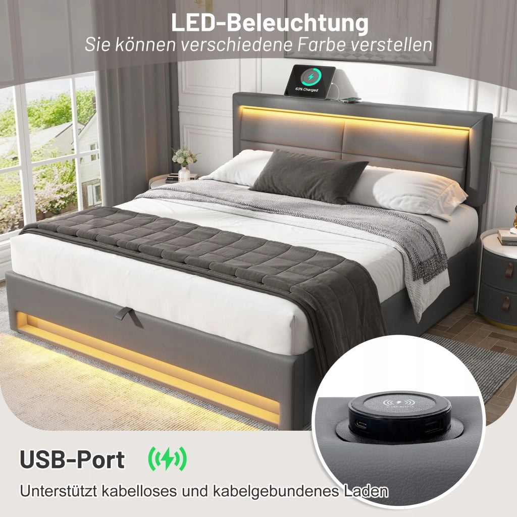 Letto imbottito 140x200 grigio, LED, USB, ripostiglio - Xylo