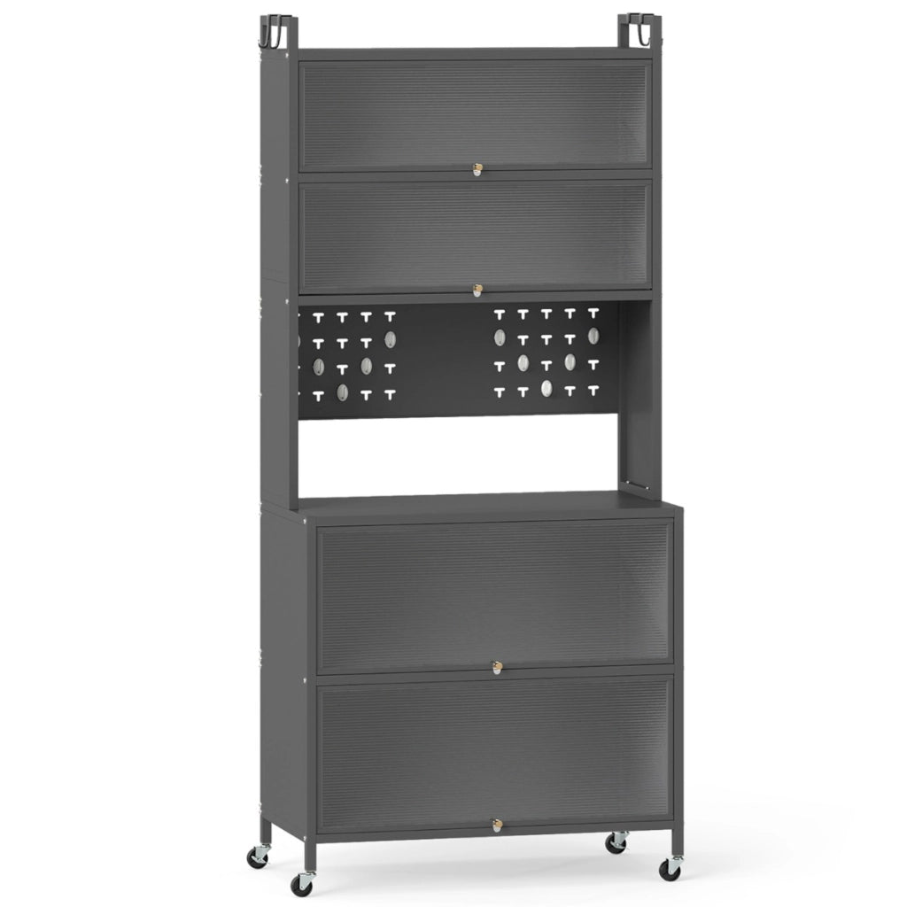 Armadio cucina 6 livelli buffet credenza, Porte ribalta supporto microonde pannello forato ganci Grigio
