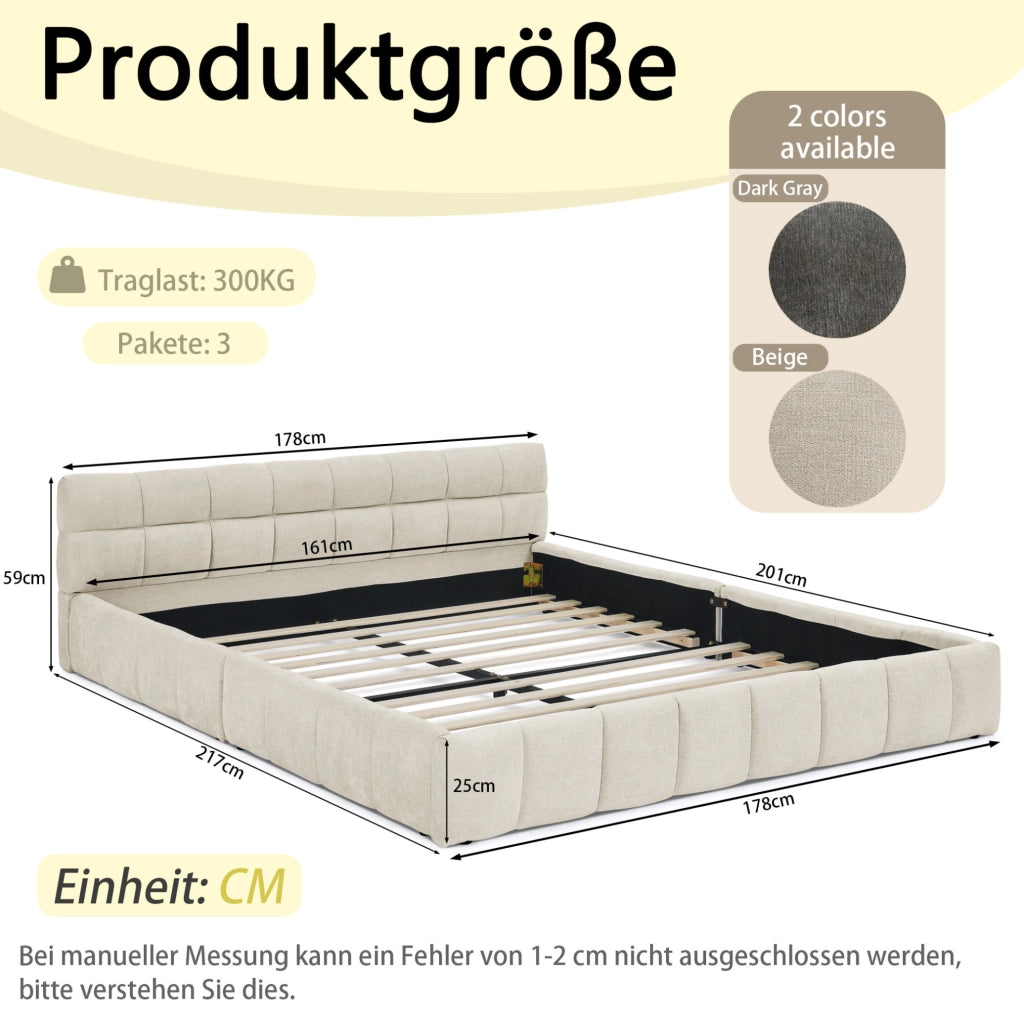 Letto matrimoniale 160x200 cm in chenille beige con struttura in eucalipto e ferro