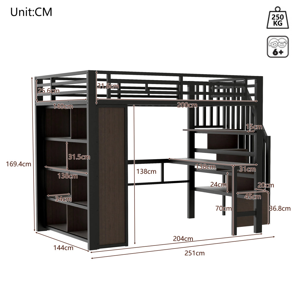 Letto a Soppalco con Scrivania e LED ¨C MINIMAL ¨C Metallo Nero 140x200