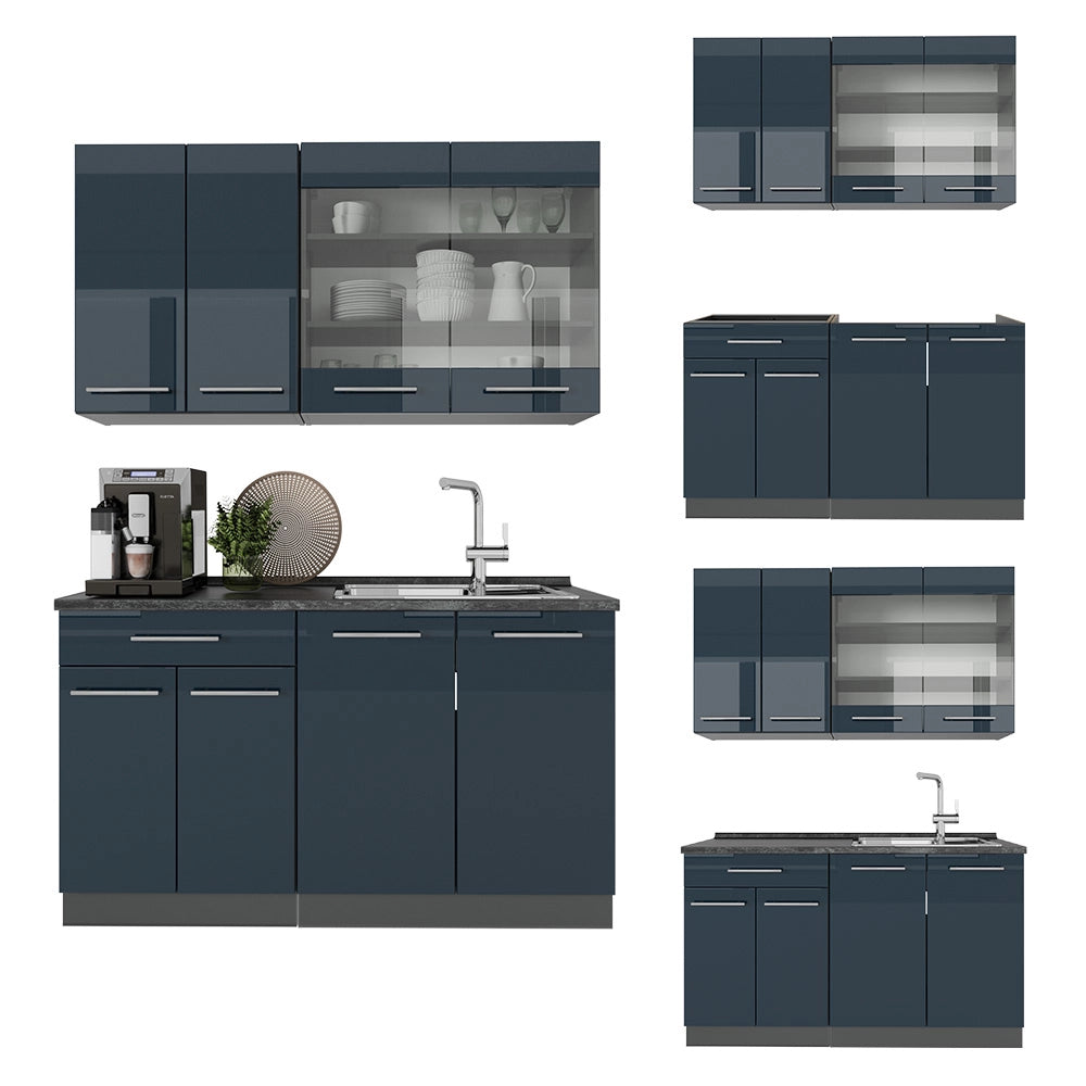 Cucina singola Fame-Line Blu scuro lucido/Antracite 140 cm, PL Antracite Vicco