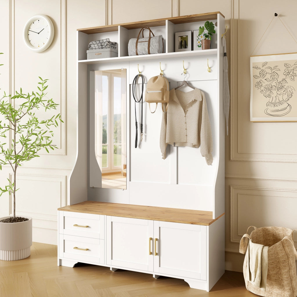 OKWISH Mobile da Ingresso con 2 Ante e 2 Cassetti, Specchio, Ganci, LED e Seduta, per Ingresso, MDF, Bianco e Legno, 120×40×187 cm