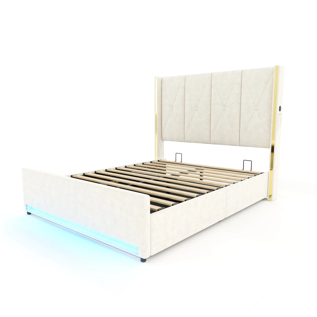 Letto Contenitore Imbottito con LED, USB e Sistema Idraulico ¨C MINIMAL ¨C Velluto, 160x200